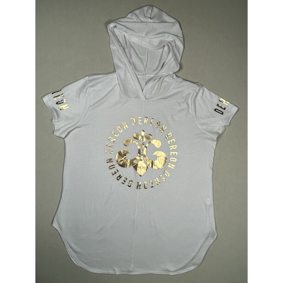 Dereon‎ Women's Short Sleeve White Hooded Shirt Size 2X Gold Logo Lightweight - Picture 1 of 7